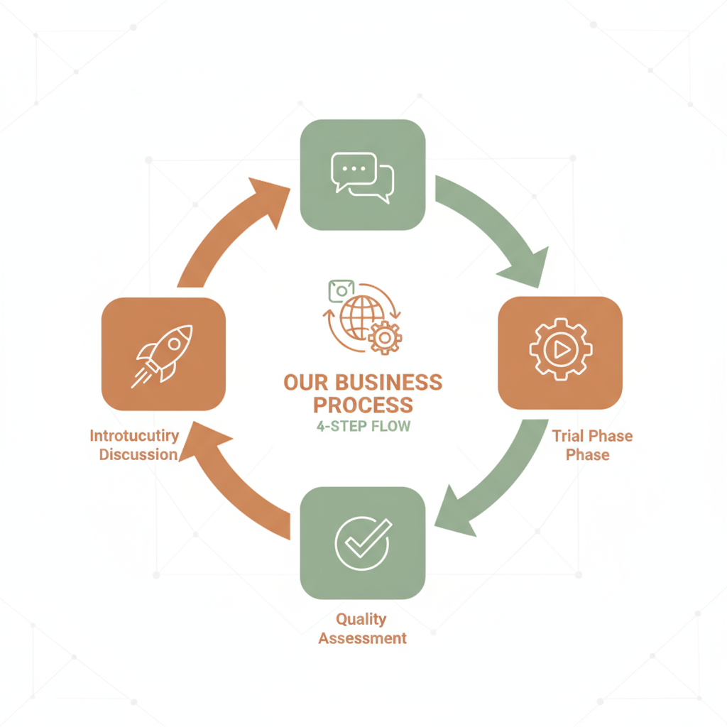 Four-step process flow diagram showing our methodology from initial discussion through project rollout